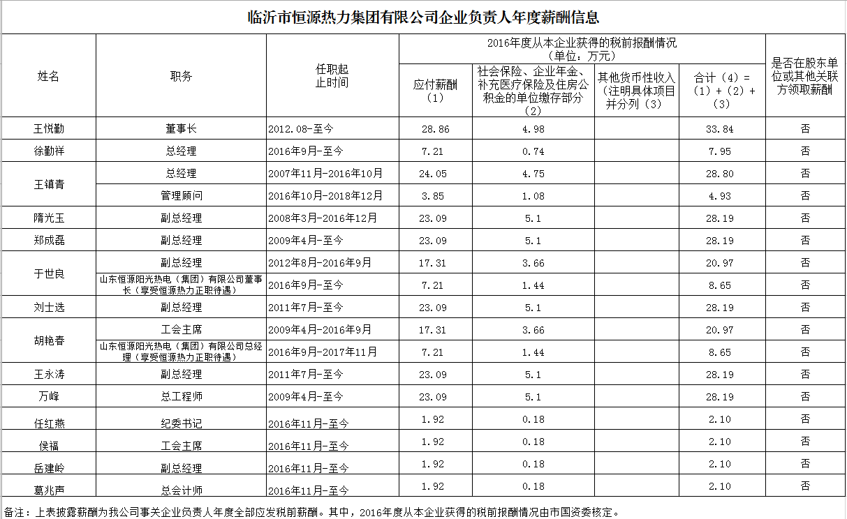 臨沂市恒源熱力集團(tuán)有限公司2016年度企業(yè)負(fù)責(zé)人年度薪酬信息