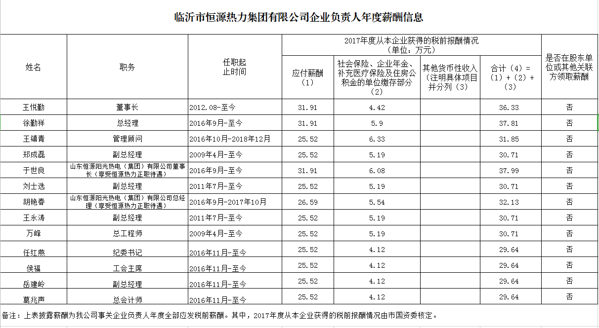 臨沂市恒源熱力集團(tuán)有限公司2017年度企業(yè)負(fù)責(zé)人年度薪酬信息