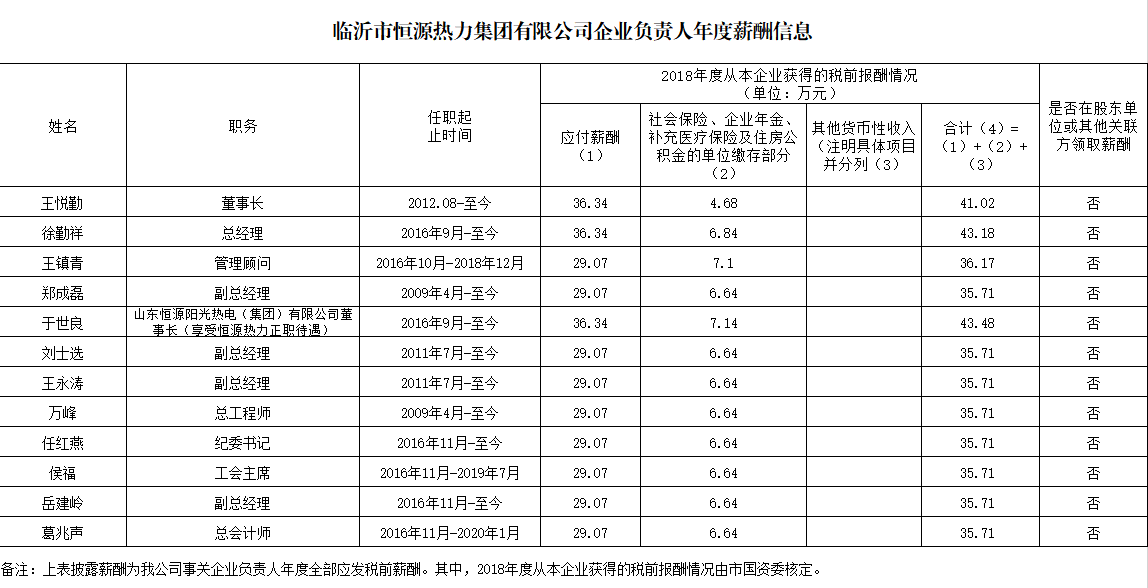 臨沂市恒源熱力集團(tuán)有限公司2018年度企業(yè)負(fù)責(zé)人年度薪酬信息